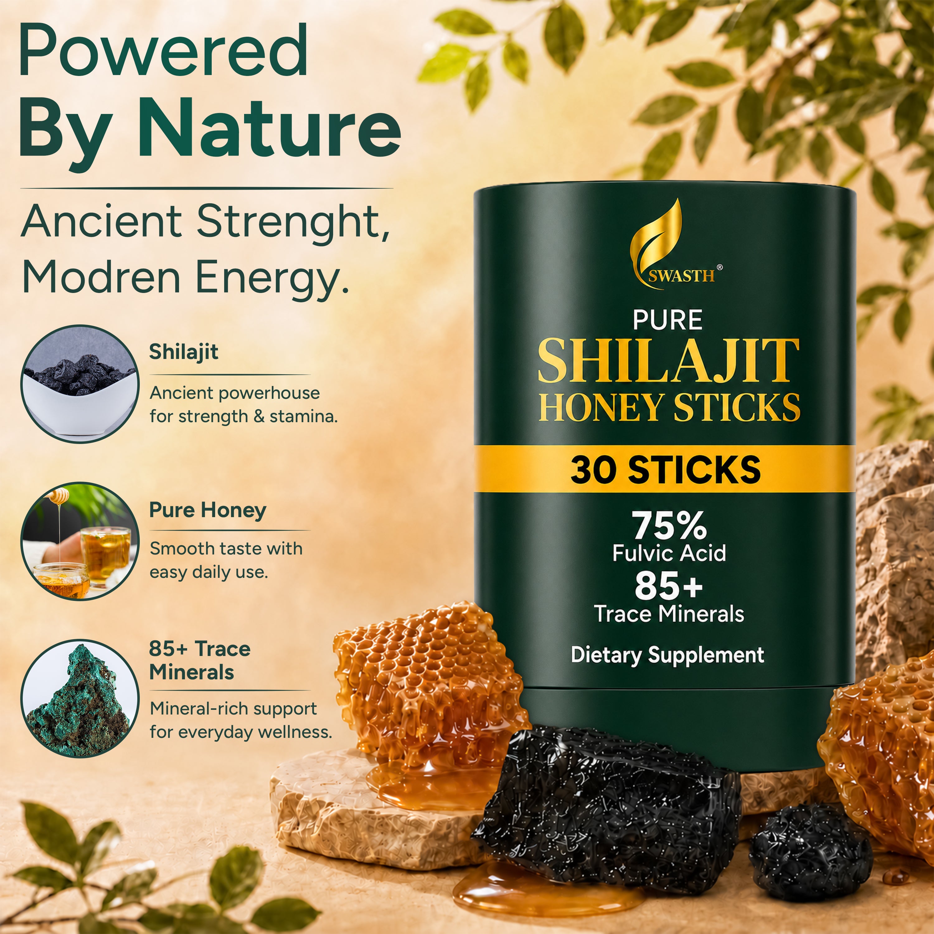 Swasth Pure Himalayan Shilajit Honey Sticks – Infused with Saffron & Natural Honey (30 Pack | 1-Month Supply)