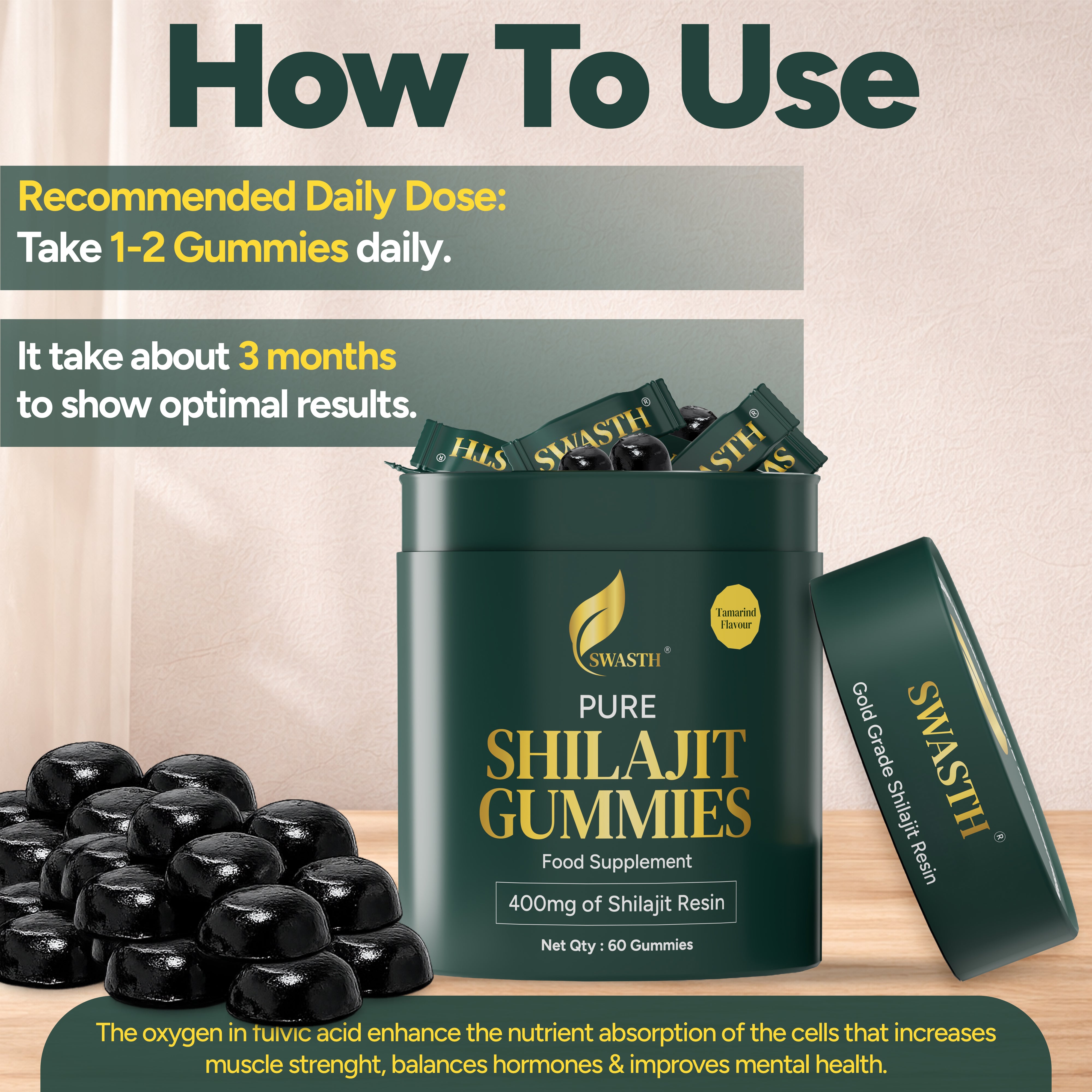 Swasth Shilajit Tamarind Gummies – 60 Vegan Gummies | Fulvic Acid & Trace Minerals