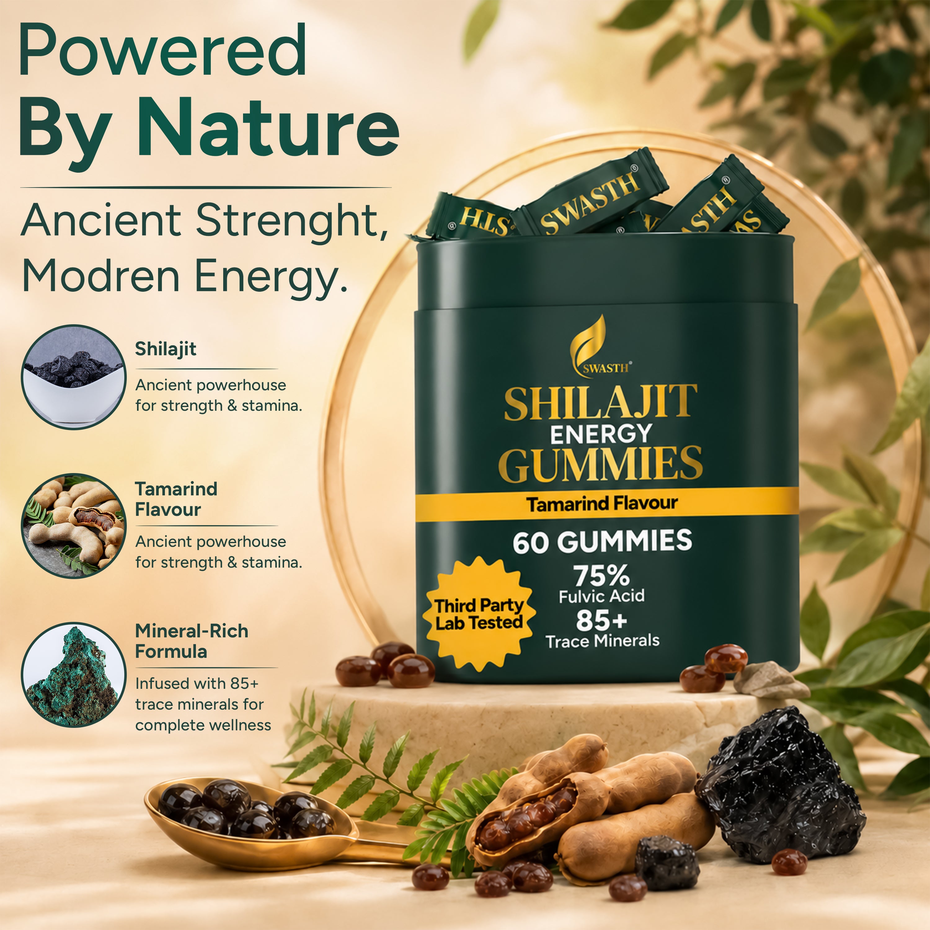 Swasth Pure Himalayan Shilajit Gummies – 75% Fulvic Acid (60 Gummies | Tamarind Flavour)