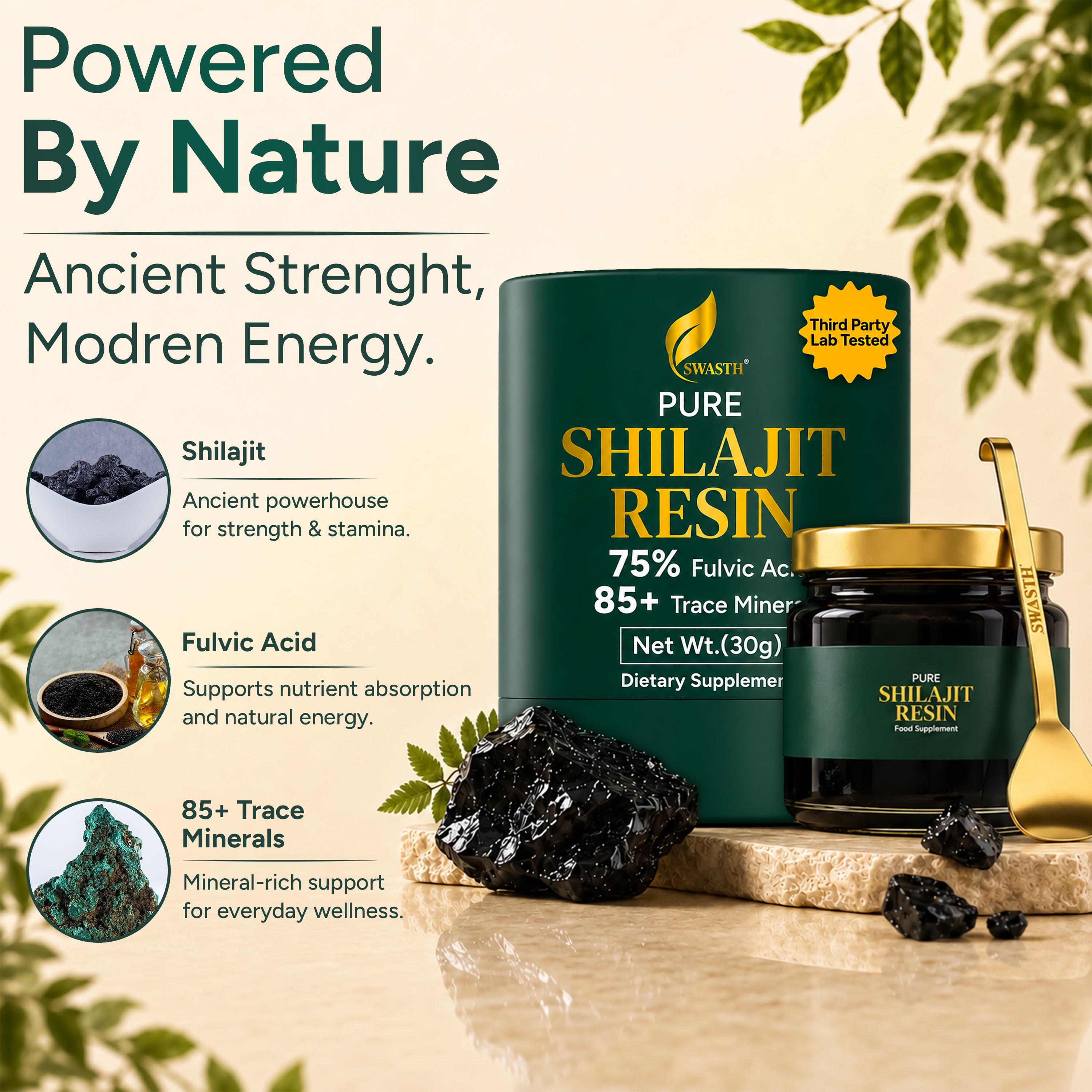 Swasth Pure Himalayan Shilajit Resin – Gold Grade, 75% Fulvic Acid & 85+ Trace Minerals (30g Jar | 120+ Servings)