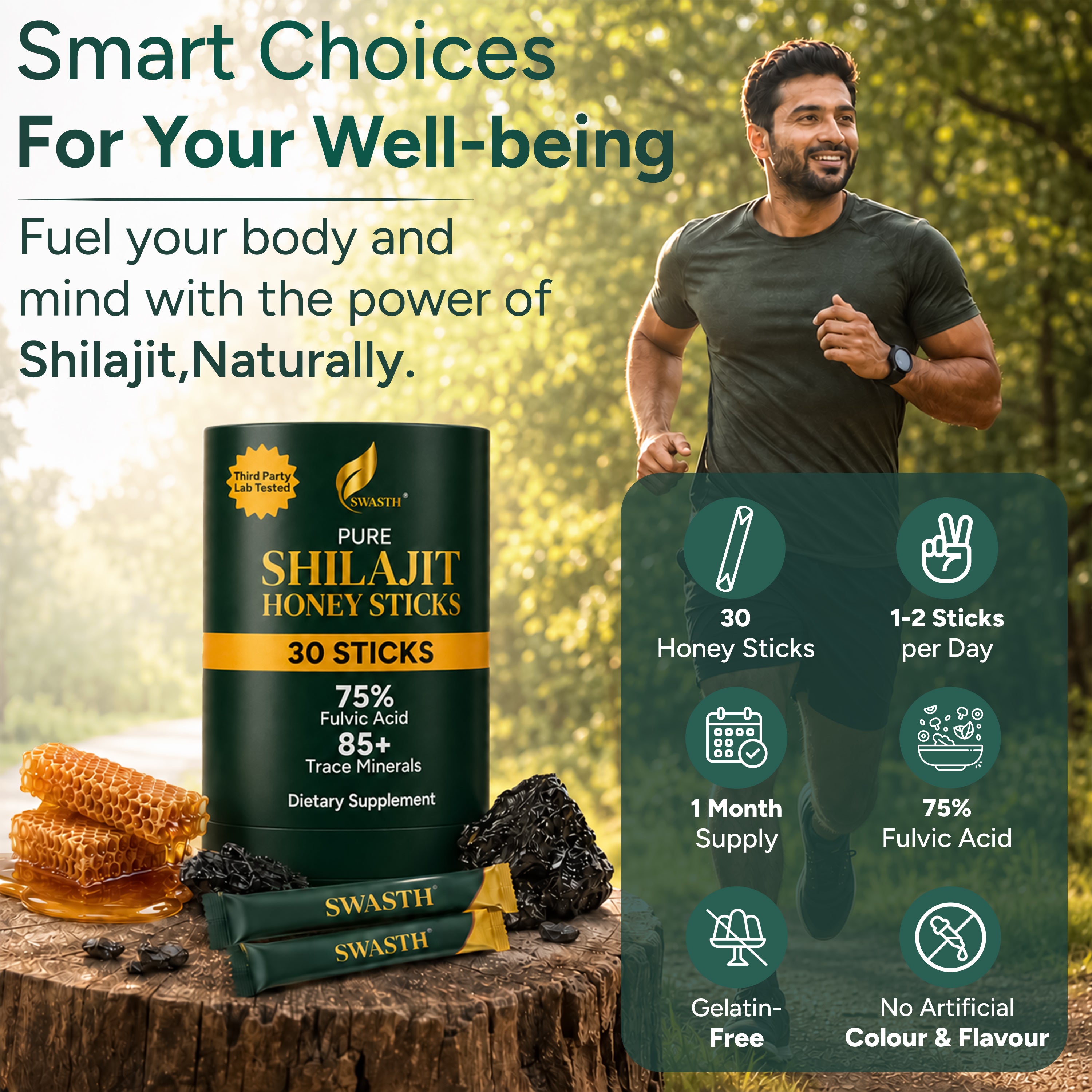Swasth Pure Himalayan Shilajit Honey Sticks – Infused with Saffron & Natural Honey (30 Pack | 1-Month Supply)