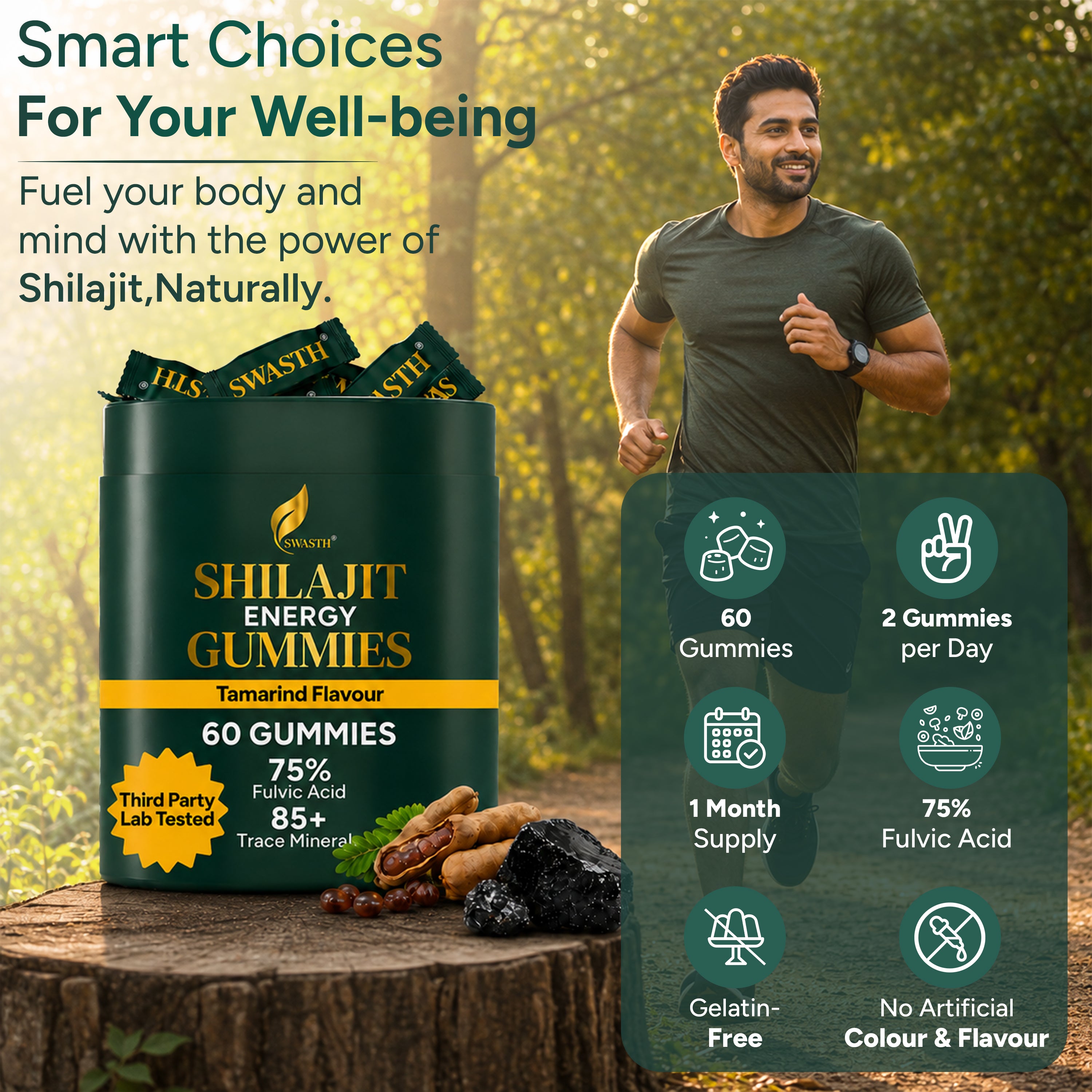 Swasth Pure Himalayan Shilajit Gummies – 75% Fulvic Acid (60 Gummies | Tamarind Flavour)