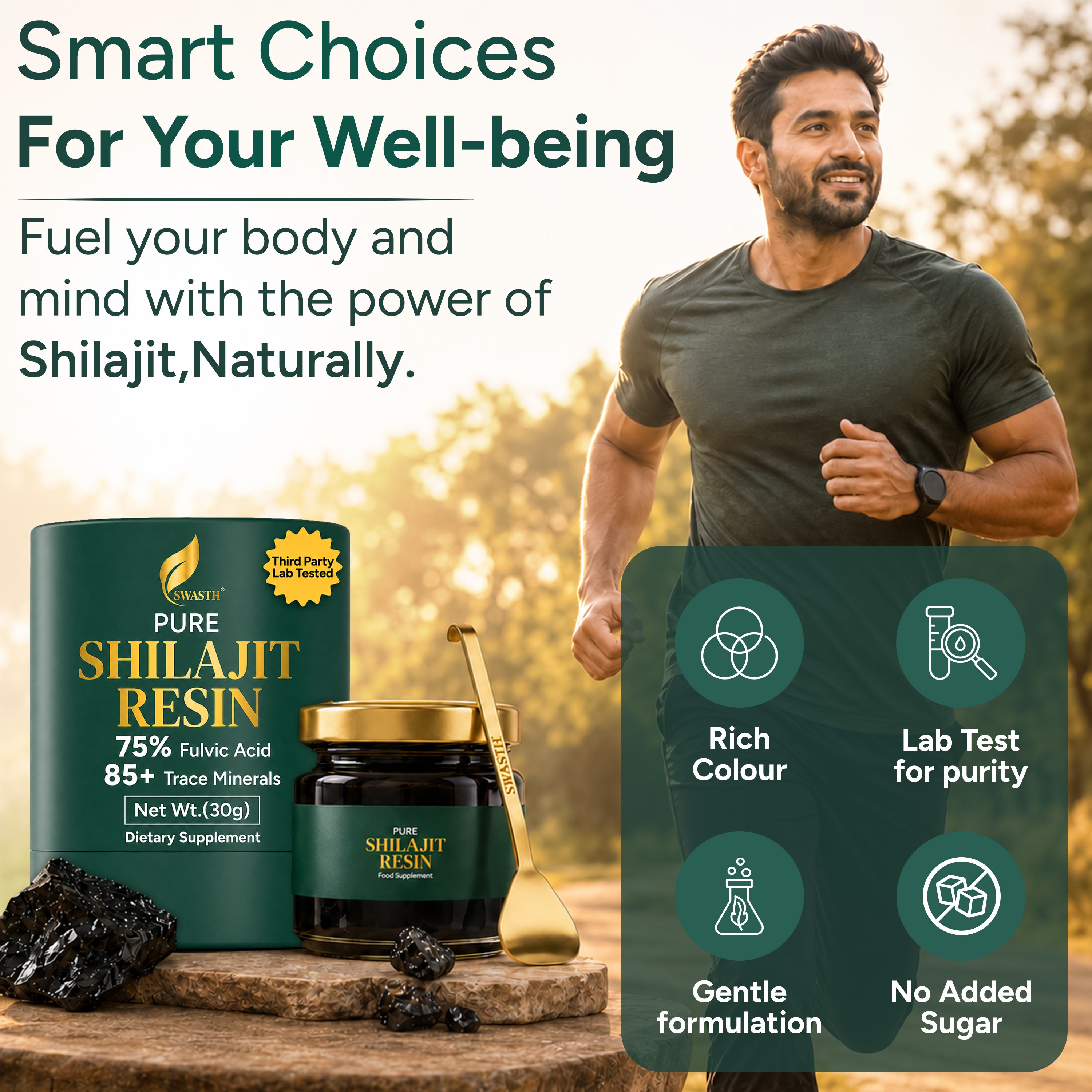 Swasth Pure Himalayan Shilajit Resin – Gold Grade, 75% Fulvic Acid & 85+ Trace Minerals (30g Jar | 120+ Servings)
