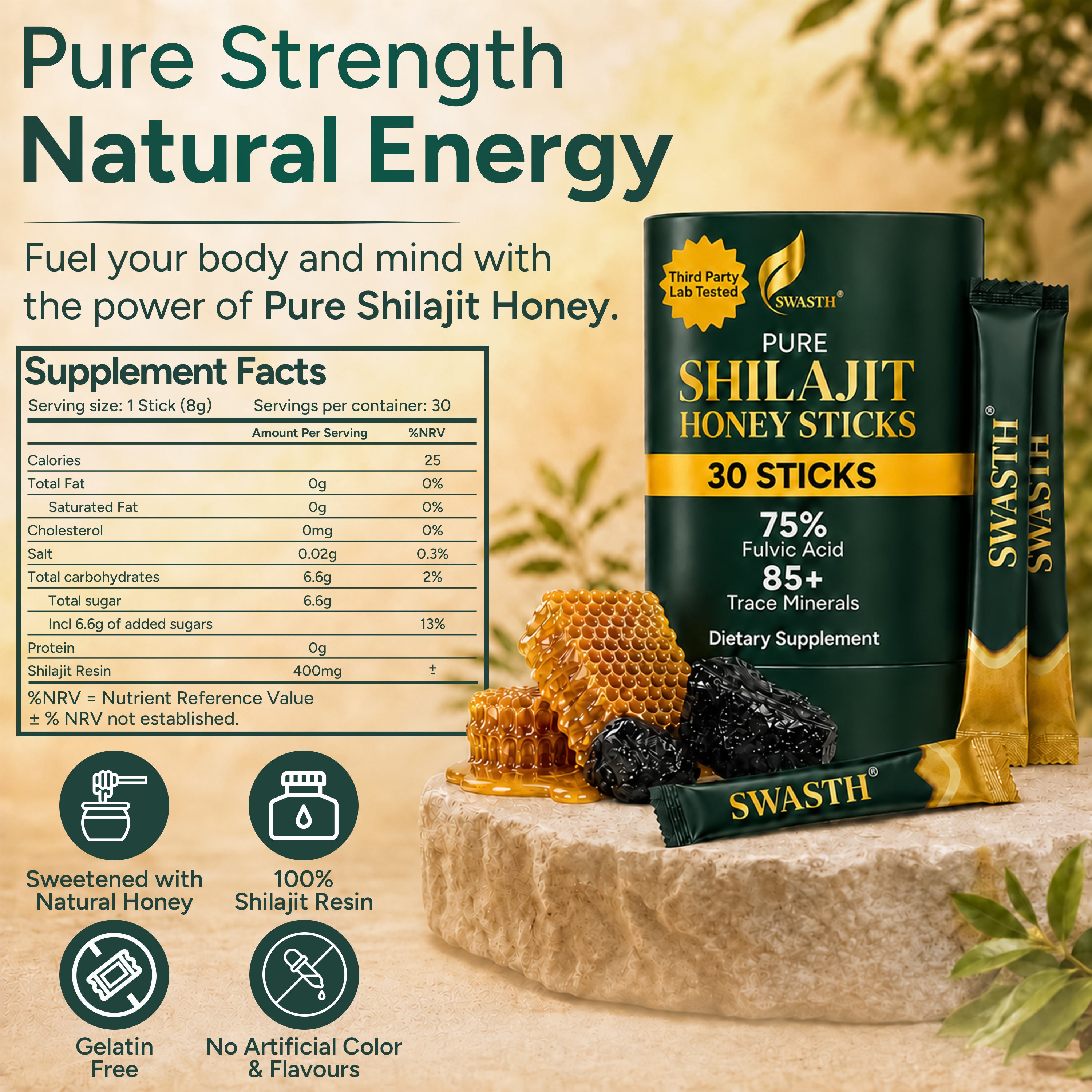 Swasth Pure Himalayan Shilajit Honey Sticks – Infused with Saffron & Natural Honey (30 Pack | 1-Month Supply)