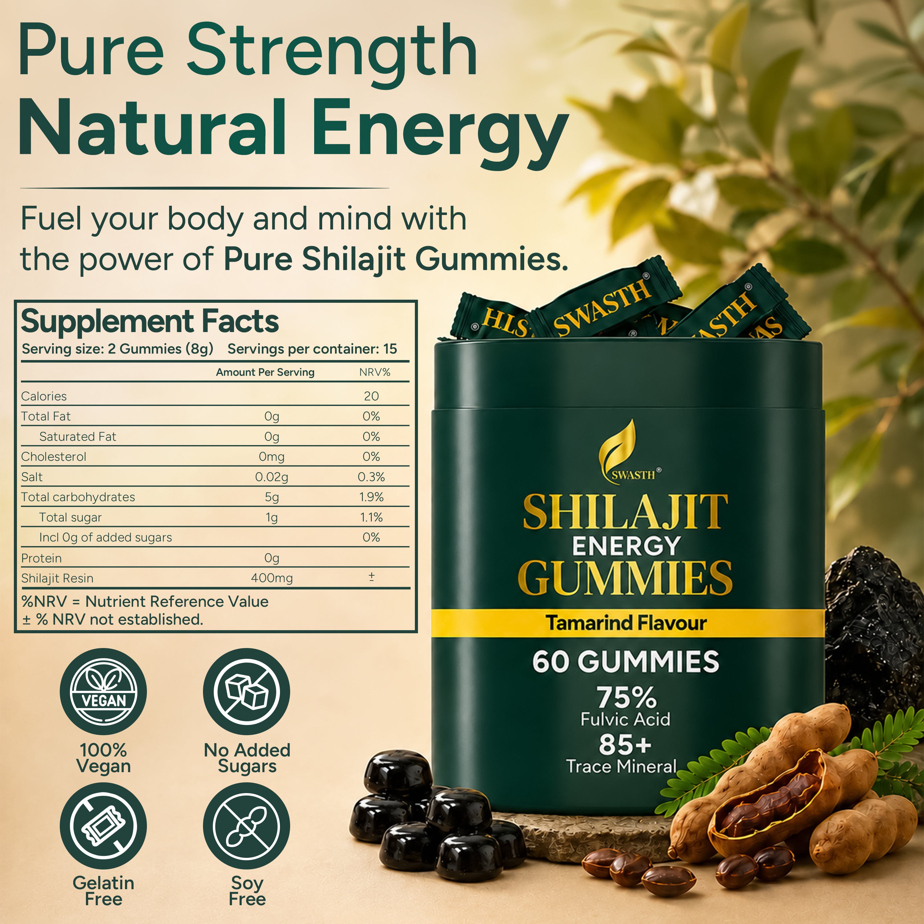 Swasth Pure Himalayan Shilajit Gummies – 75% Fulvic Acid (60 Gummies | Tamarind Flavour)