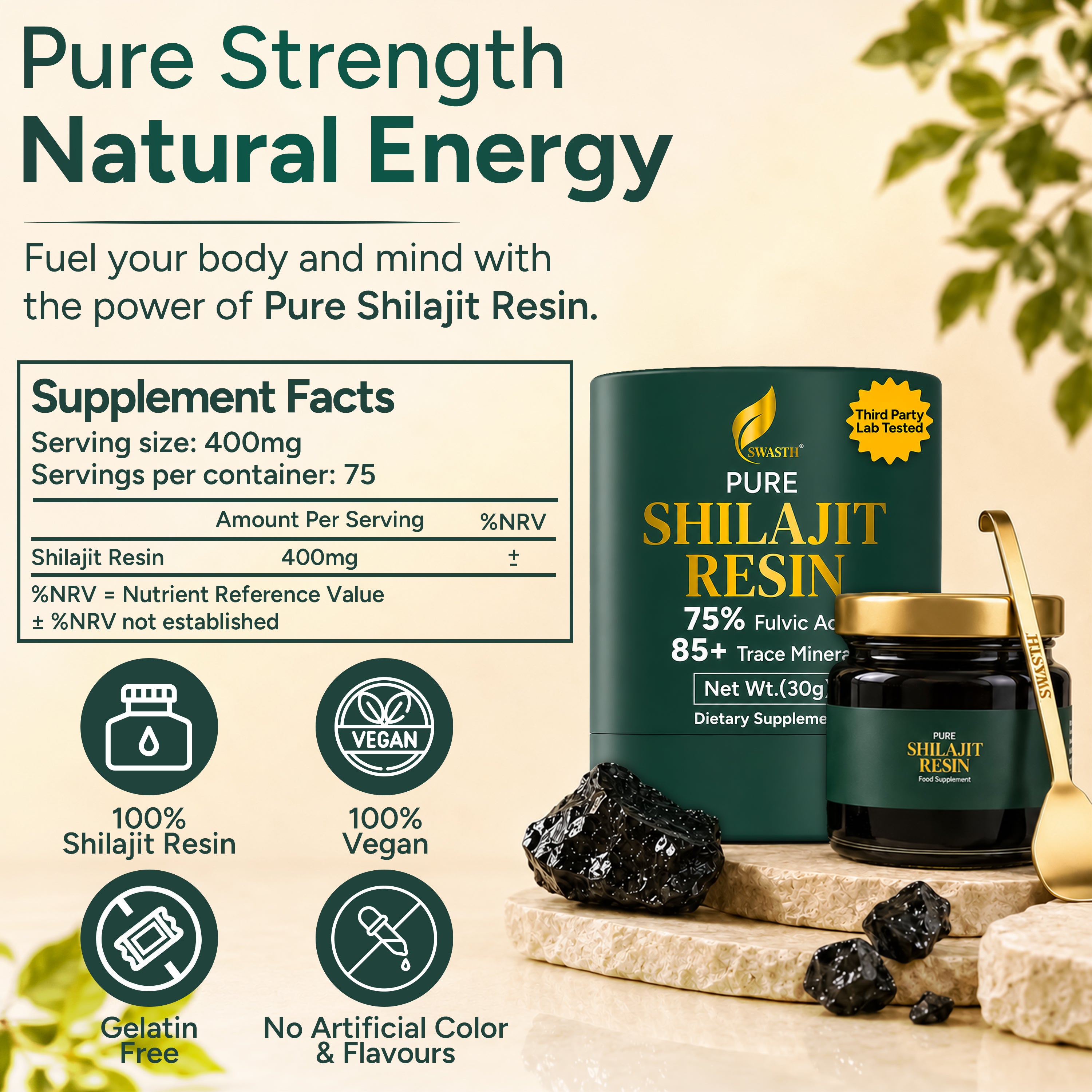 Swasth Pure Himalayan Shilajit Resin – Gold Grade, 75% Fulvic Acid & 85+ Trace Minerals (30g Jar | 120+ Servings)