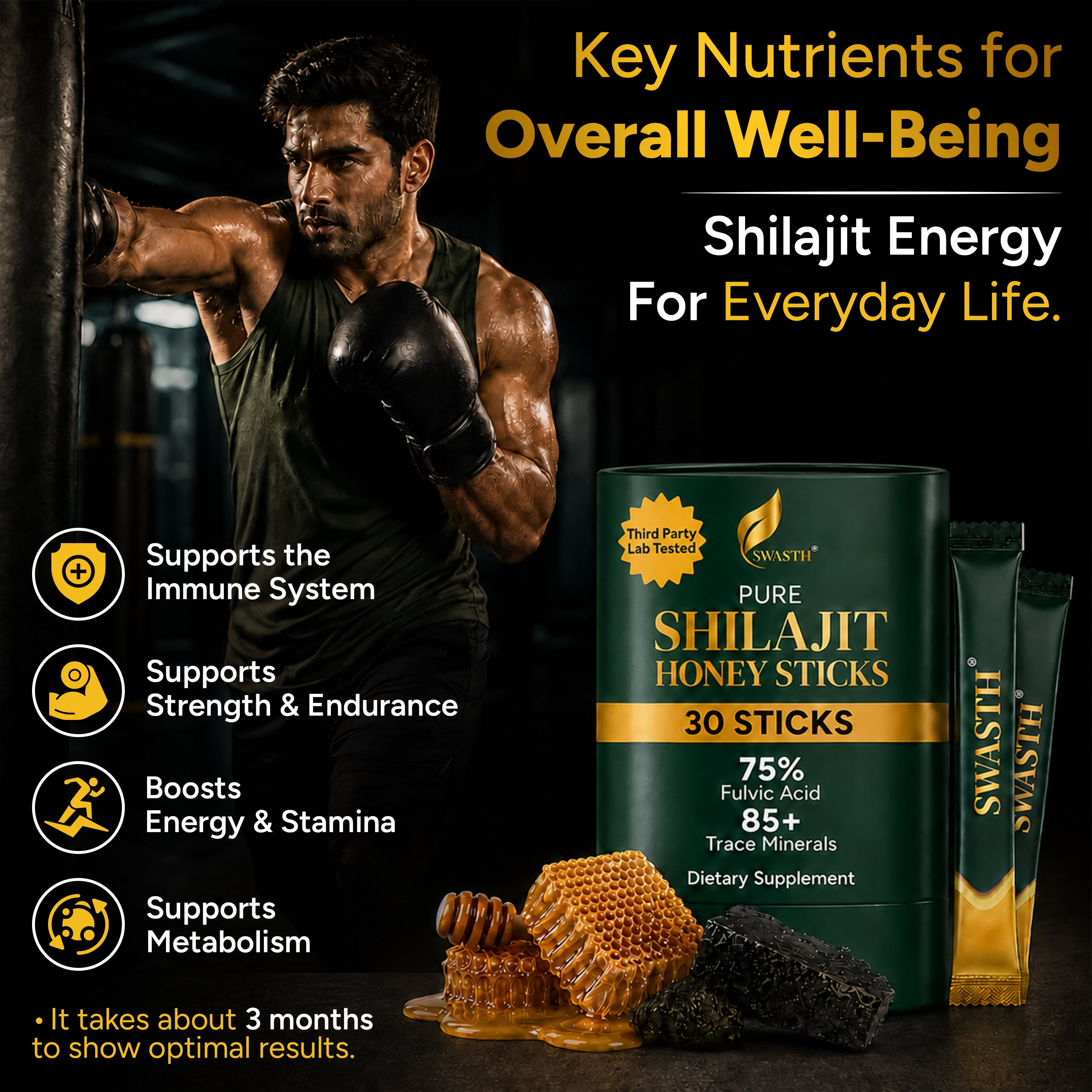 Swasth Pure Himalayan Shilajit Honey Sticks – Infused with Saffron & Natural Honey (30 Pack | 1-Month Supply)