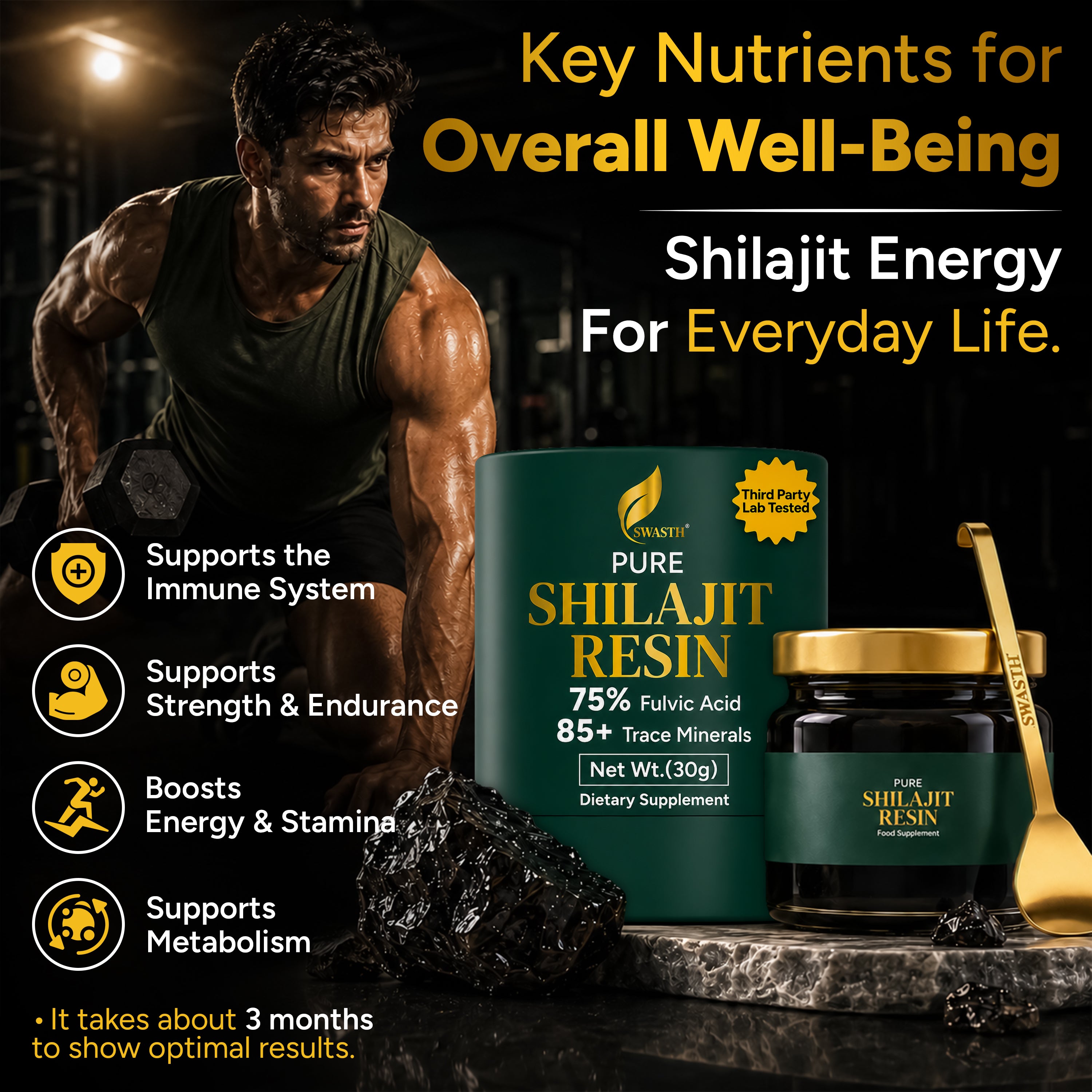 Swasth Pure Himalayan Shilajit Resin – Gold Grade, 75% Fulvic Acid & 85+ Trace Minerals (30g Jar | 120+ Servings)