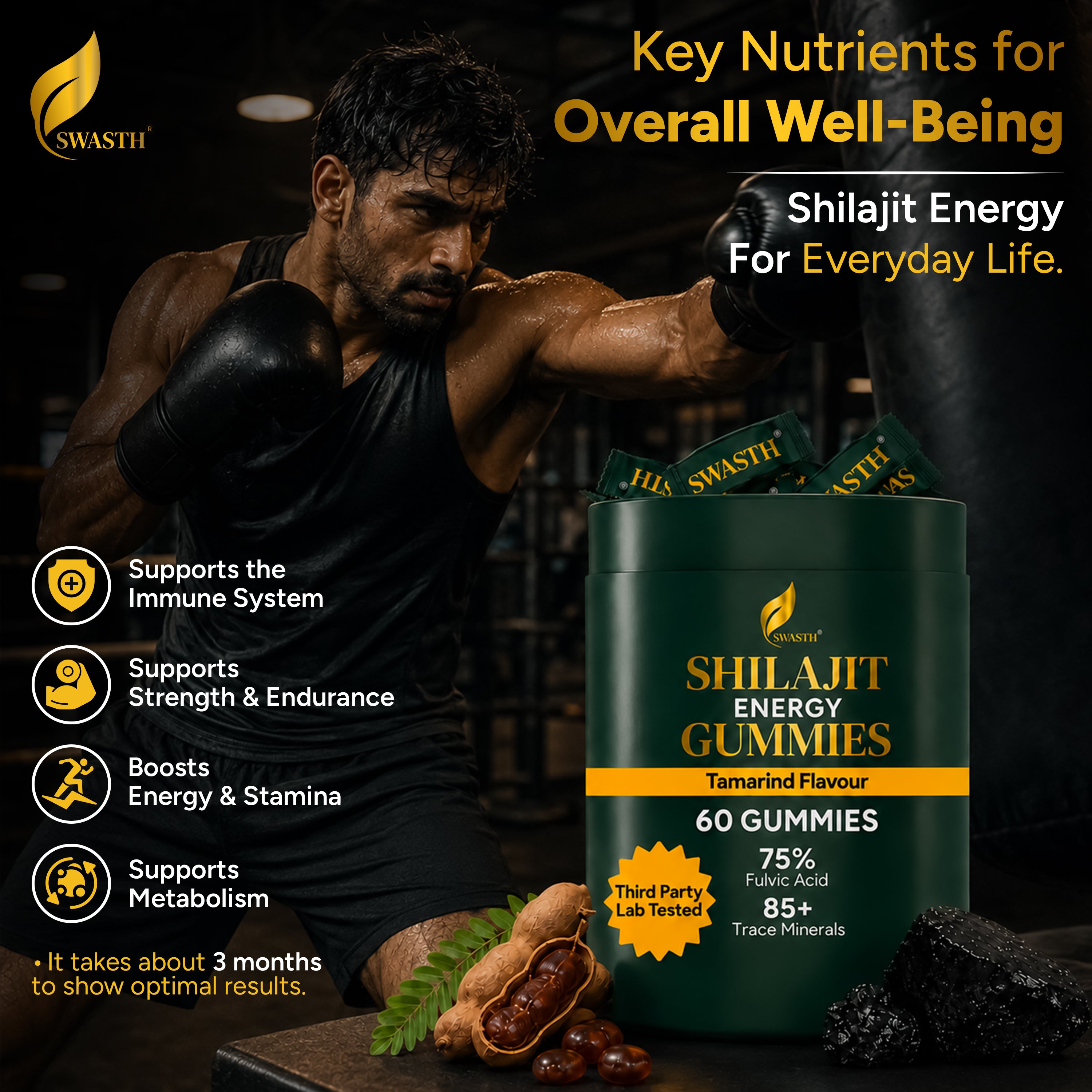 Swasth Pure Himalayan Shilajit Gummies – 75% Fulvic Acid (60 Gummies | Tamarind Flavour)