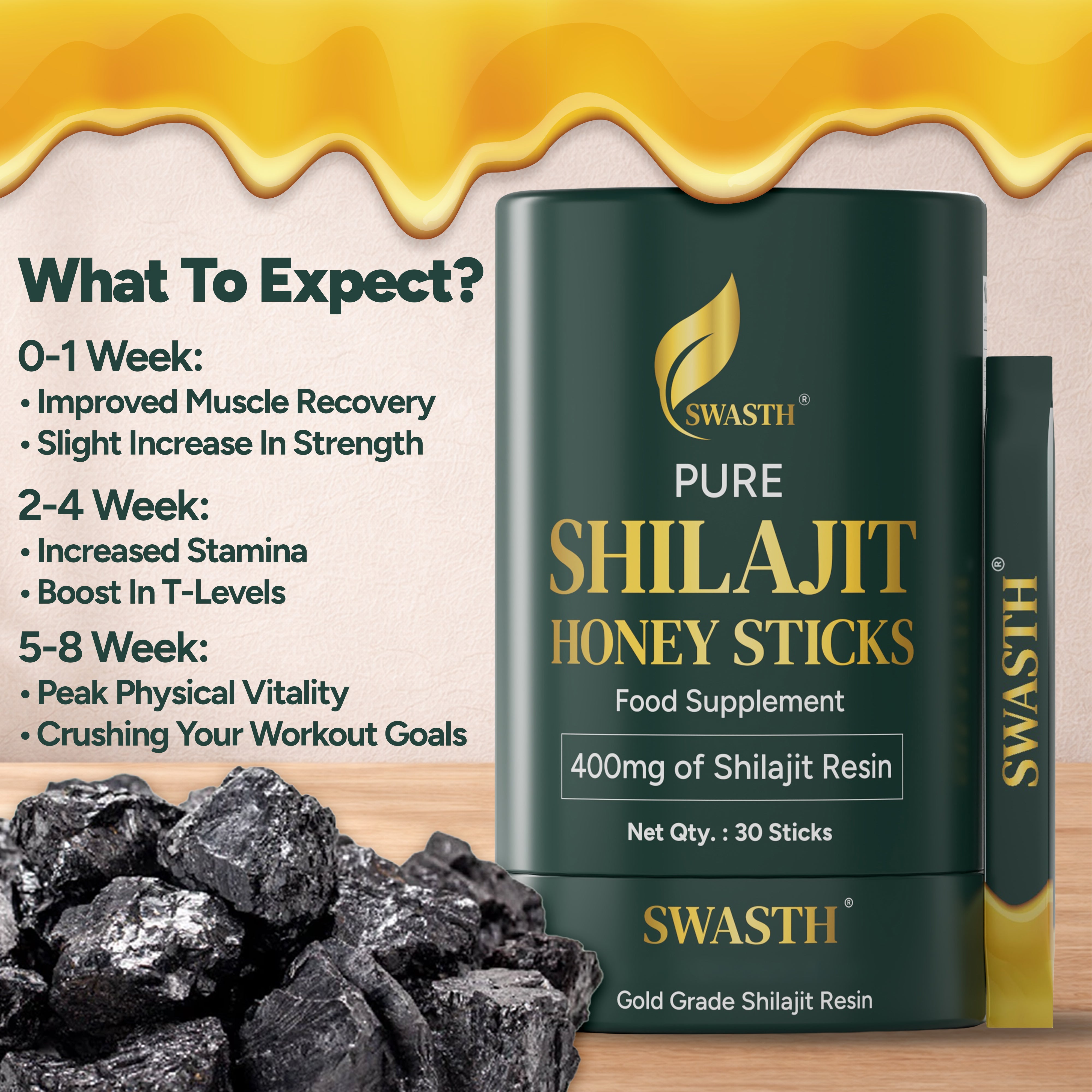 Swasth Shilajit Honey Sticks – 30 Single-Serve Sticks | Shilajit Resin with Natural Honey
