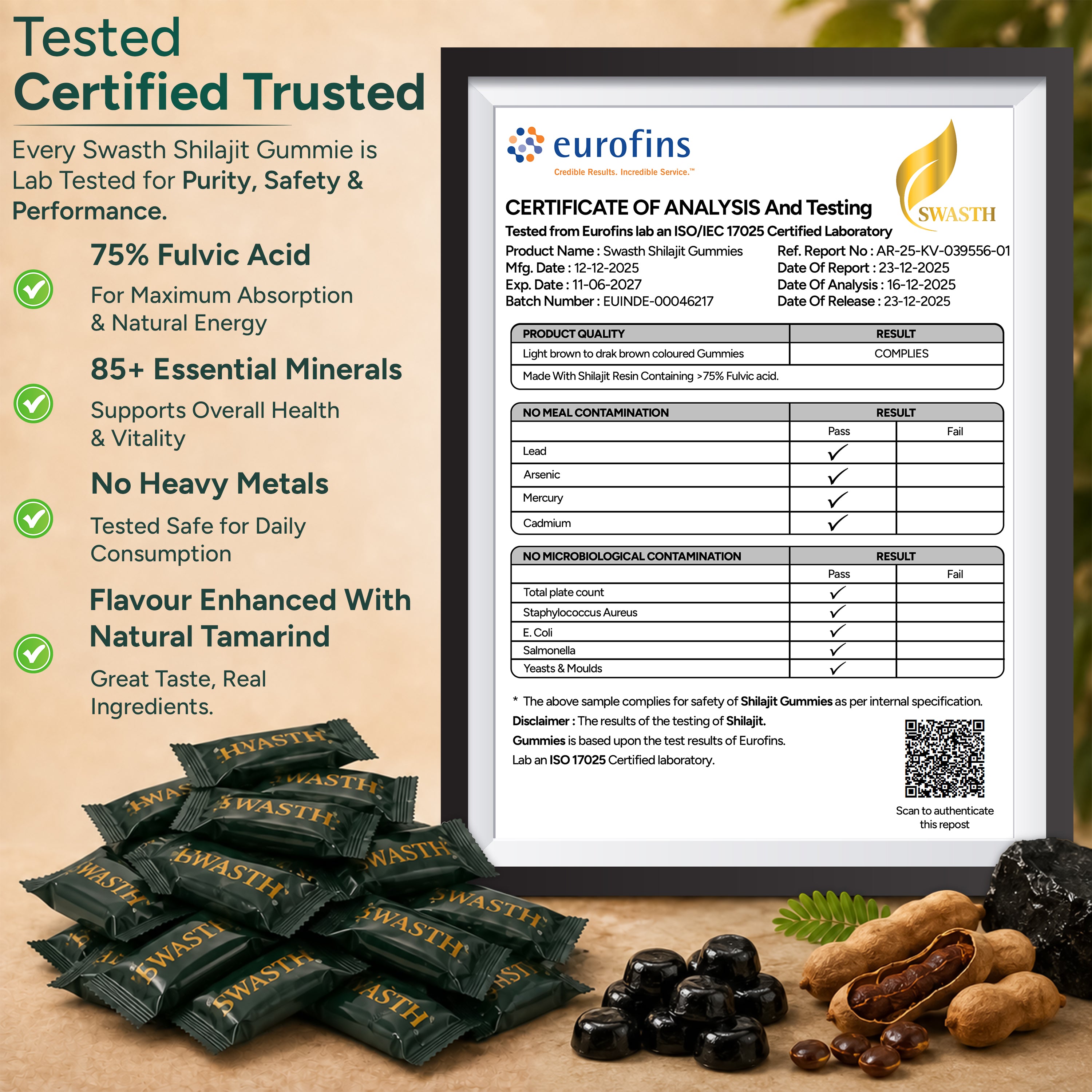 Swasth Pure Himalayan Shilajit Gummies – 75% Fulvic Acid (60 Gummies | Tamarind Flavour)