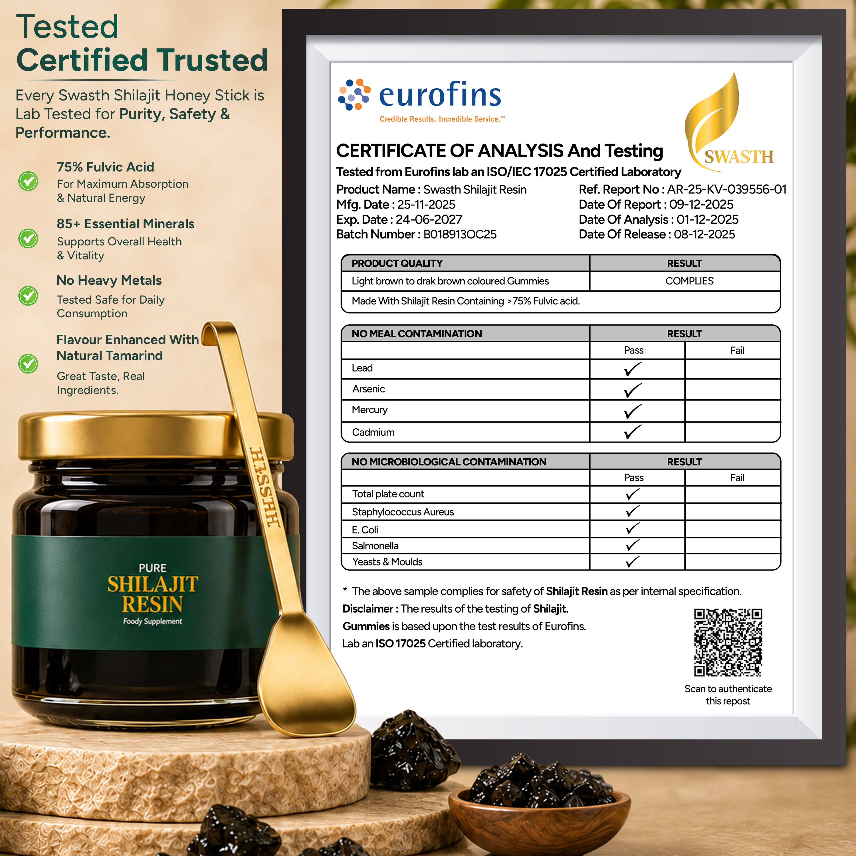 Swasth Pure Himalayan Shilajit Resin – Gold Grade, 75% Fulvic Acid & 85+ Trace Minerals (30g Jar | 120+ Servings)