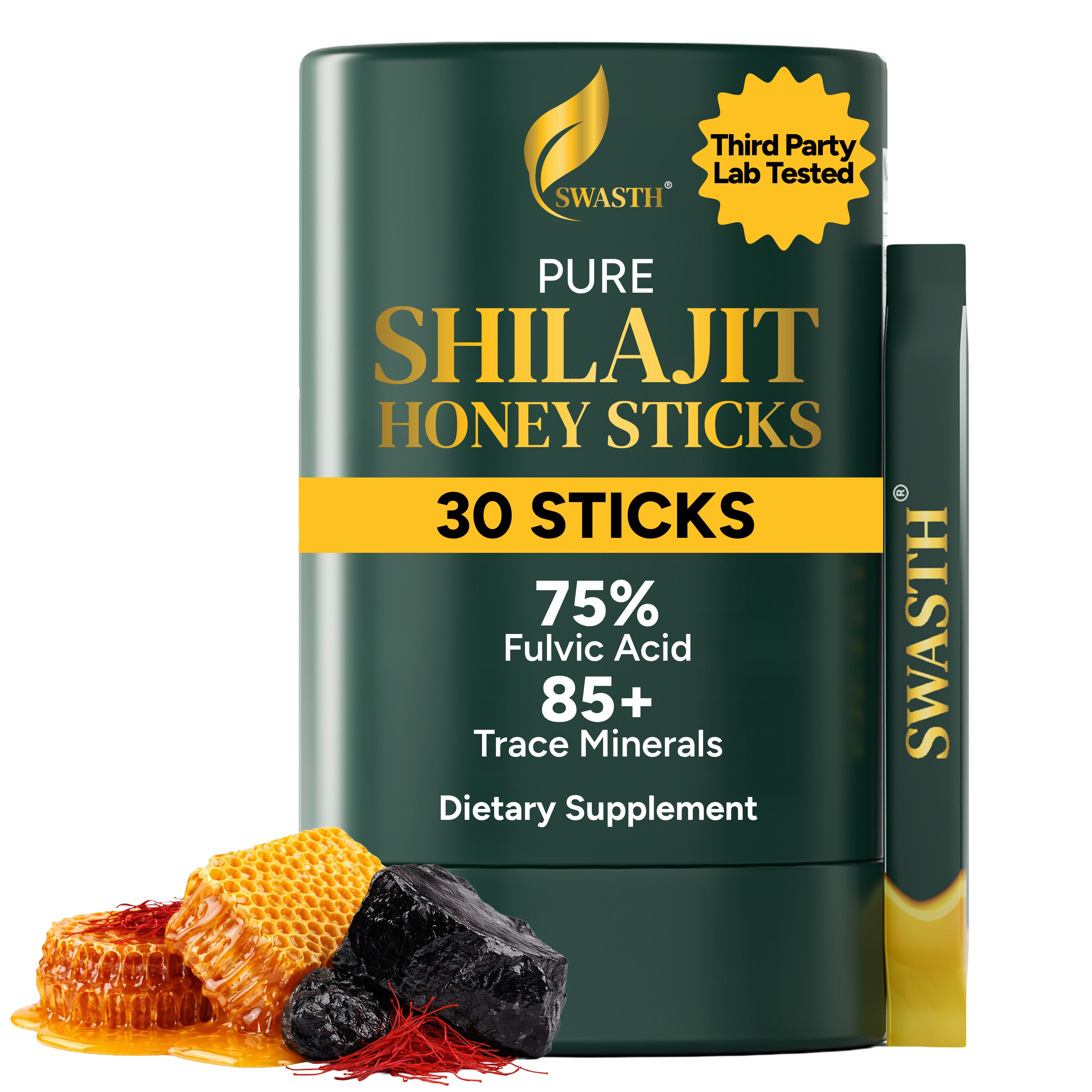 Swasth Pure Himalayan Shilajit Honey Sticks – Infused with Saffron & Natural Honey (30 Pack | 1-Month Supply)
