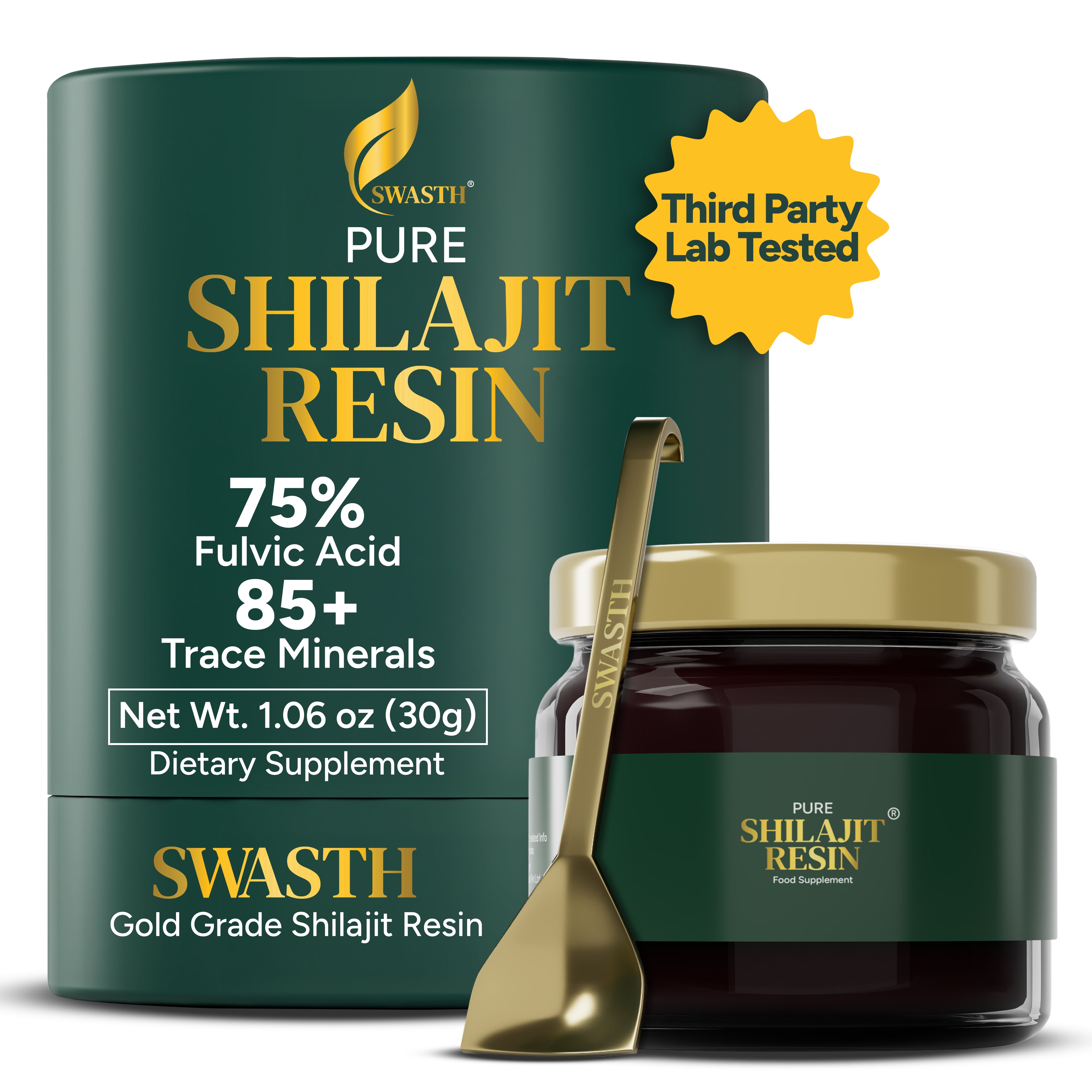 Swasth Pure Himalayan Shilajit Resin – Gold Grade, 75% Fulvic Acid & 85+ Trace Minerals (30g Jar | 120+ Servings)